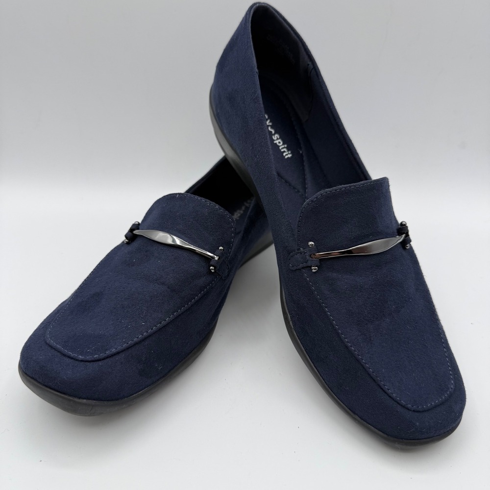 Easy Spirit Womens Navy Blue Faux Suede Metal Bar Loafers Low Wedge Shoes
